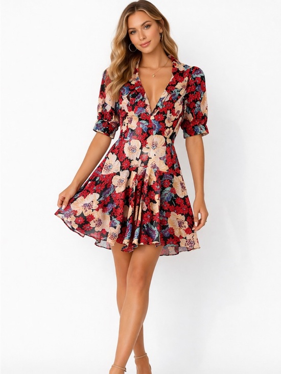 Free People Dresses & Skirts - Floral Fit-and-Flare Mini Dress in Red and Cream